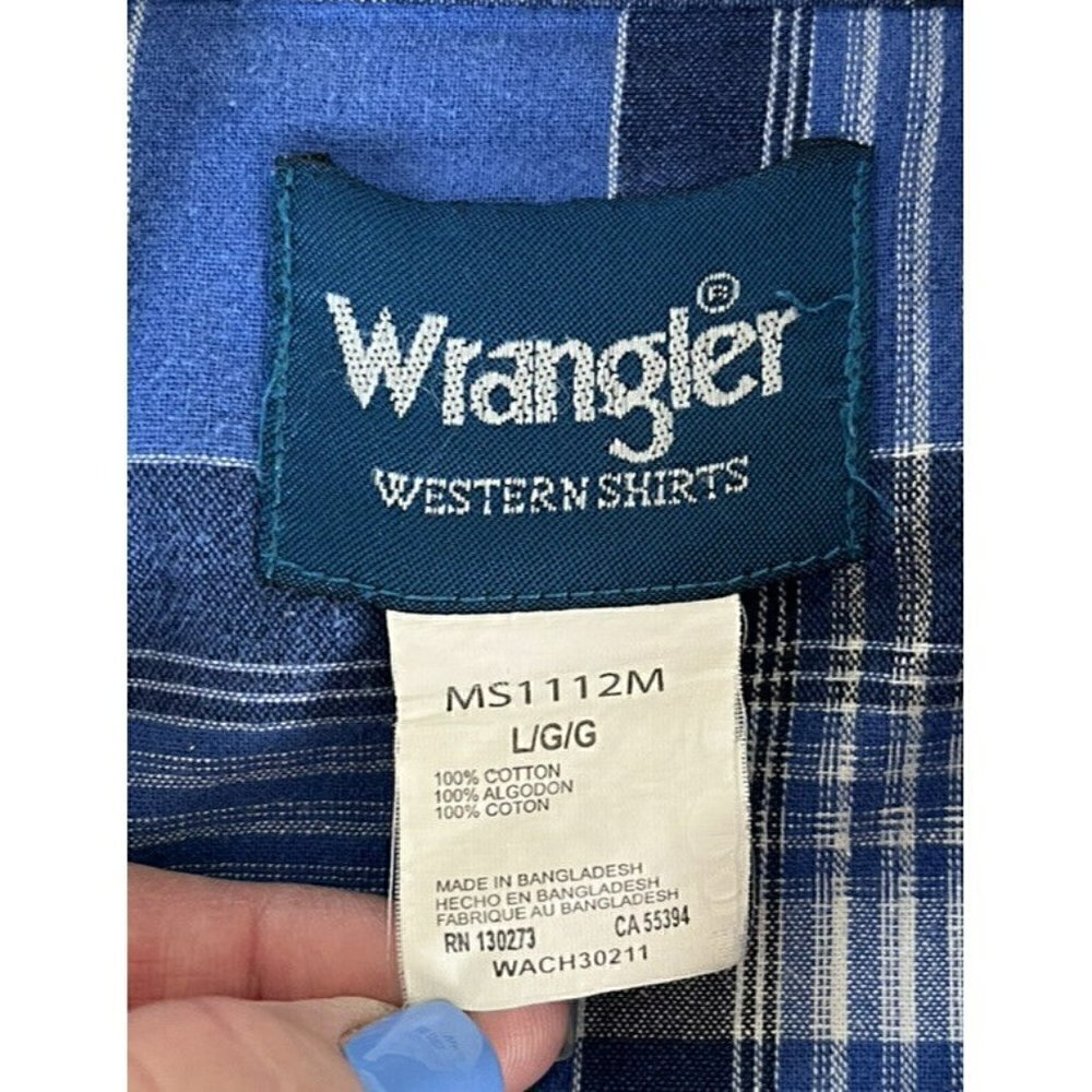 Wrangler Western Shirts Men's Sz L Blue White Plaid Pearl Snap Long Sleeve Shirt - Picture 4 of 9
